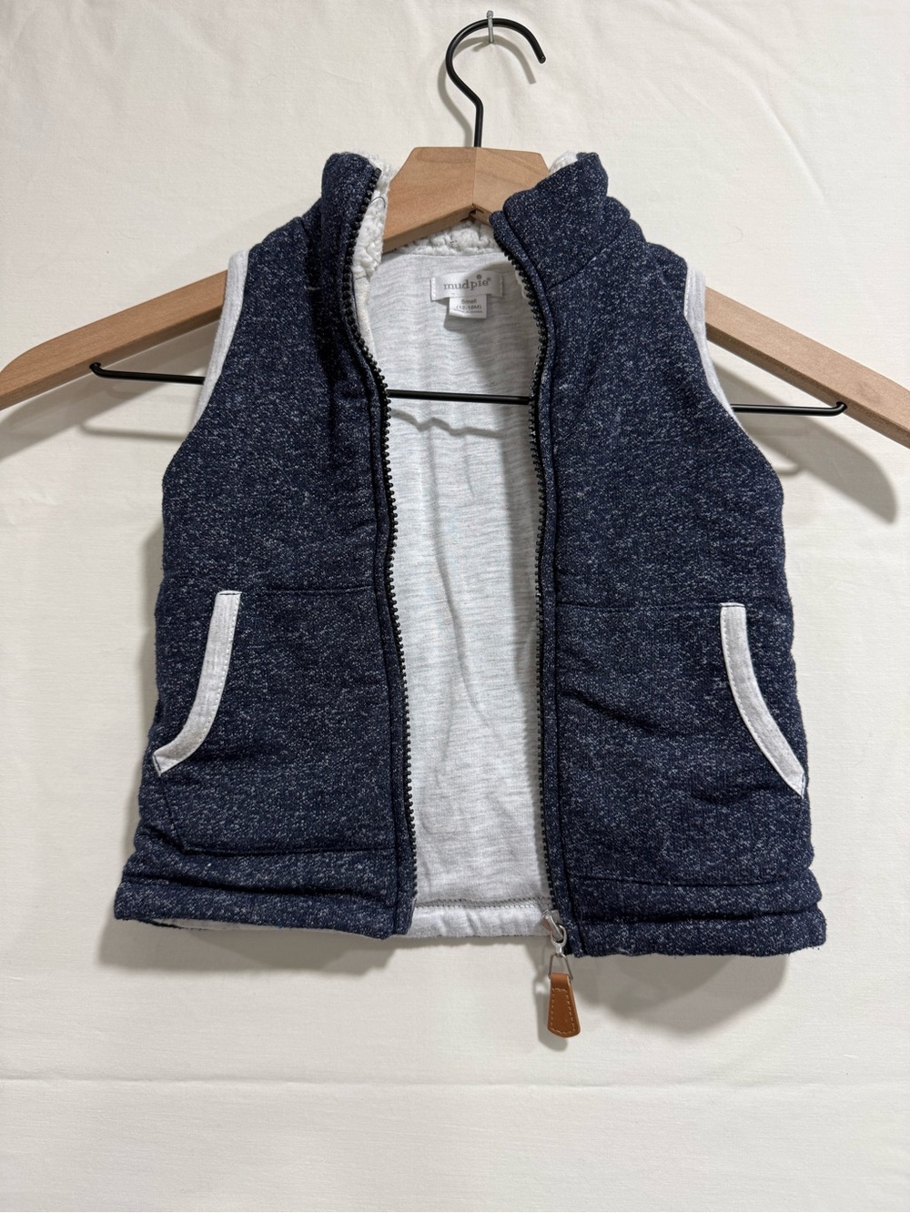 Mud Pie Baby 12-18M Navy Sherpa Lined Zip Vest Heathered Fleece